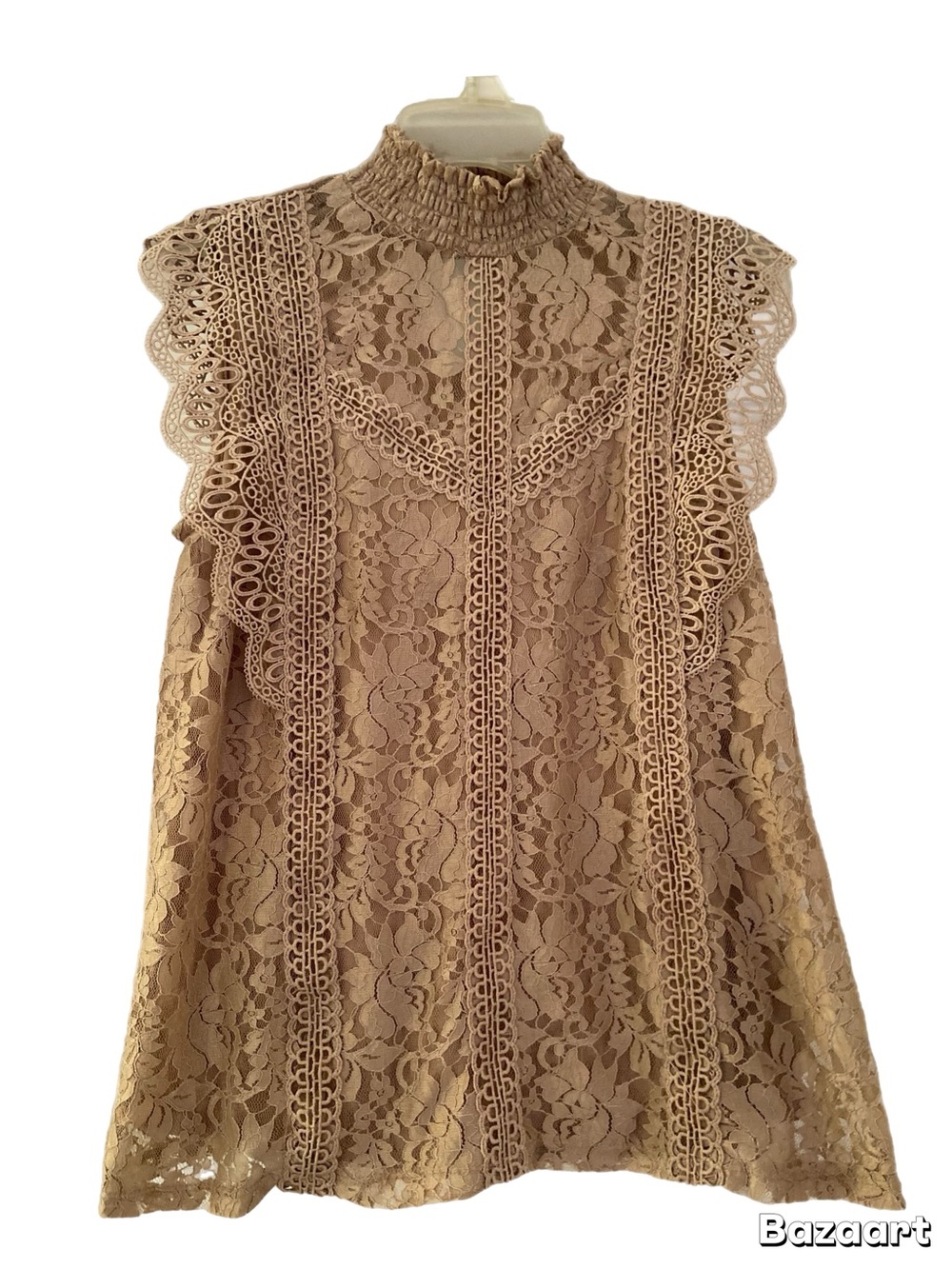 Cable & Gauge Sleeveless Lace Mock Neck Top in Tan